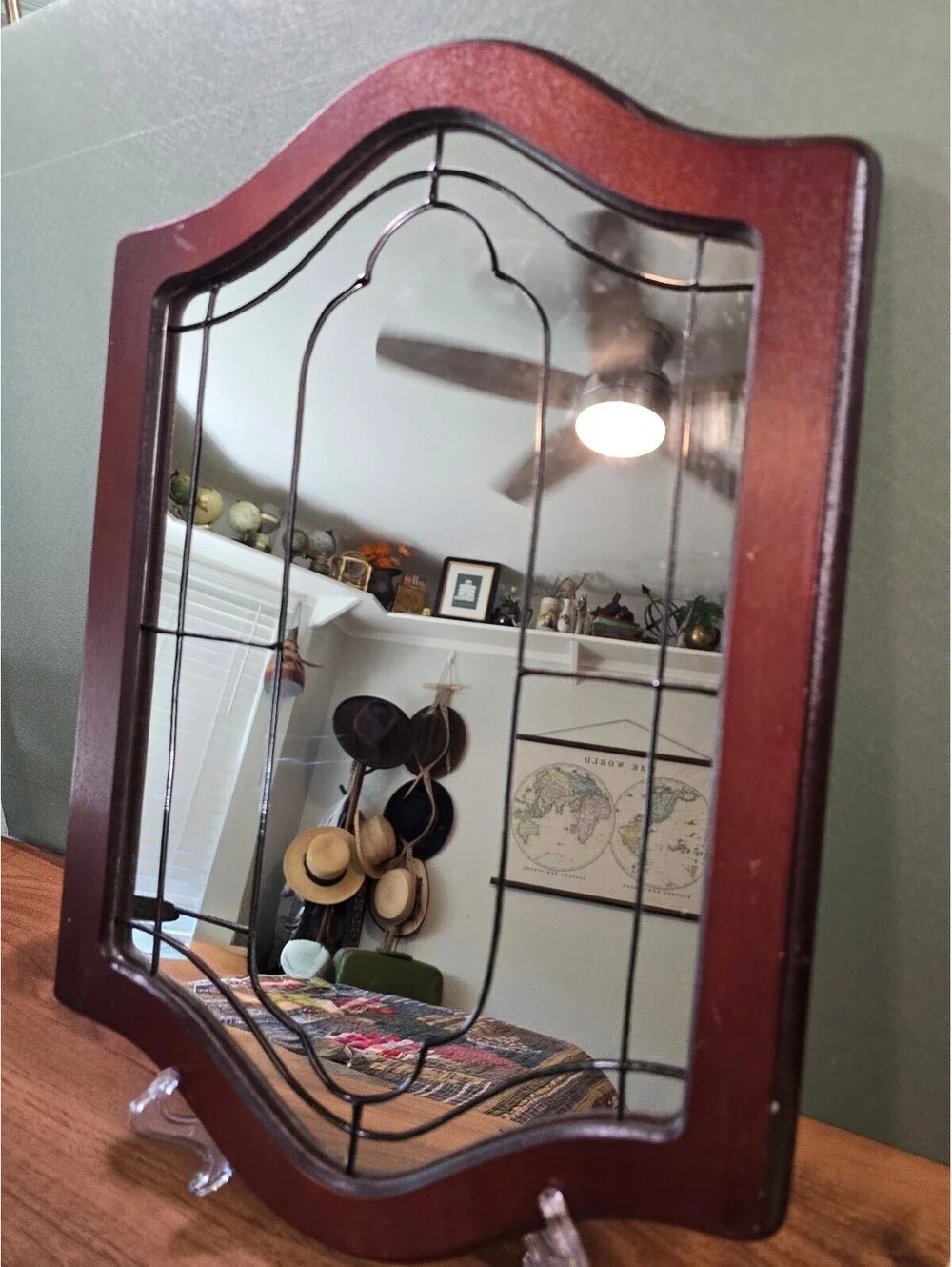 Vintage 1990s House of Lloyd Wood Frame Faux Leaded Glass Arch Wall Mirror